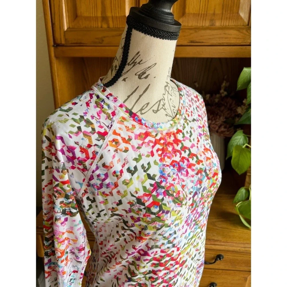 Athleta Women's Multi Color Geometric Rashguard Swim Shirt Long Sleeve Small